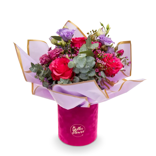 Box s růží, eustomou a waxem